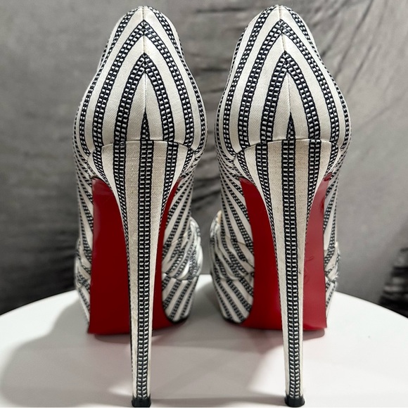 🌺CHRISTIAN LOUBOUTIN 🌺 Greissimo Peep Toe Striped Pumps Size: 37.5 - Picture 7 of 15